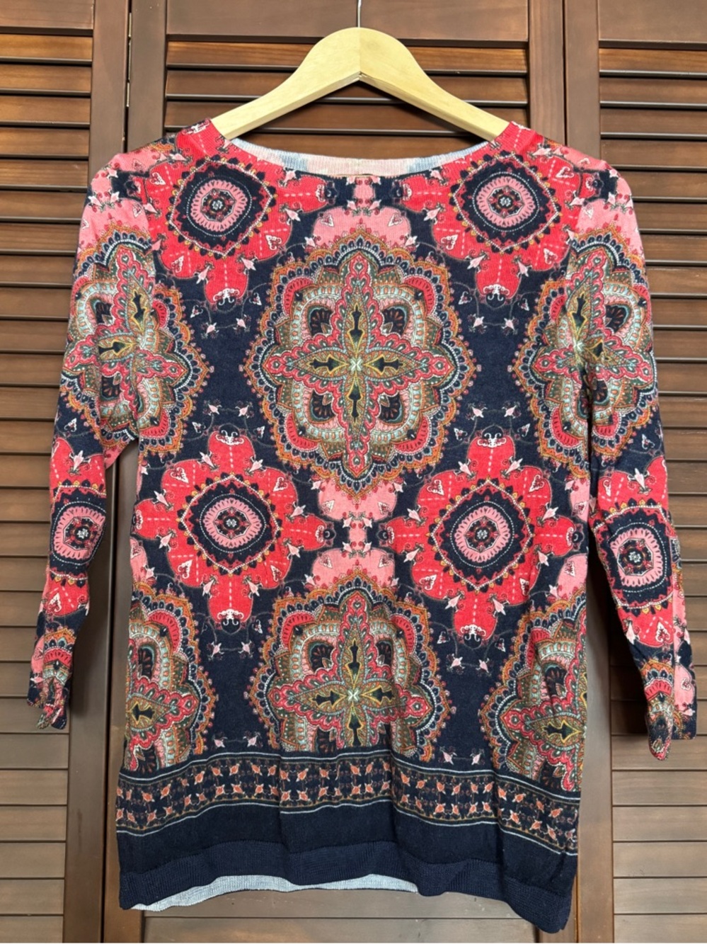Talbots Size L Petite Merino Wool Paisley Knit Crew Neck Pullover Sweater 3/4